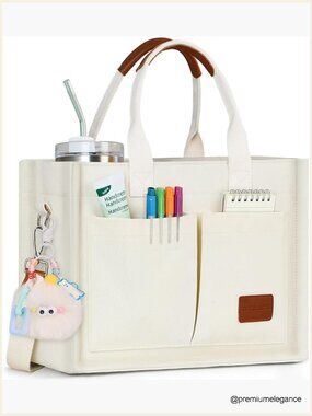 Structured Canvas Tote Bag with Multiple Compartments and Zippered Top